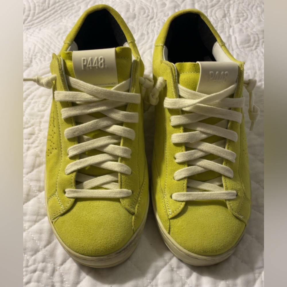 SOLD‼️ P448 Neon Yellow Suede Low-Top John Sneakers with Cream Laces